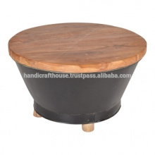 Industrial Round Storage with Wooden Top Coffee Table